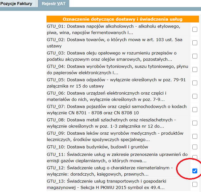 jpk mf Oznaczenie dotyczące dostawy i świadczenia usług