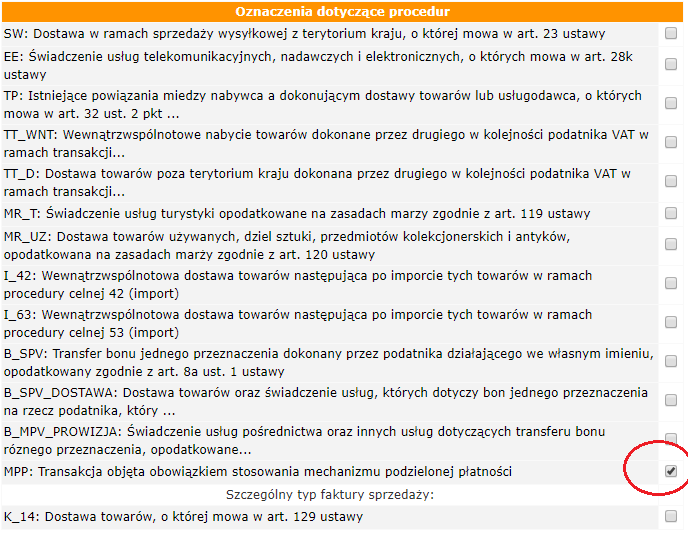 jpk mf Oznaczenie dotyczące procedur